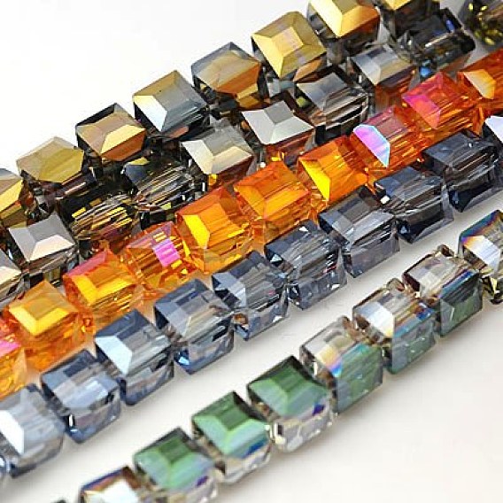 Abalorios de vidrio electrochapado, arco iris chapado, facetados, cubo, 7x7x7 mm, agujero: 1 mm