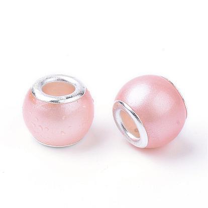 Glass ABS Plastic Imitation Pearl European Beads, Large Hole Beads, Rondelle, with Silver Color Plated Brass Cores