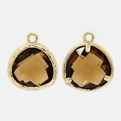 Real 18K Gold Plated Brass Glass Pendants, Faceted Triangle Charms, 16x13x6mm, Hole: 1mm