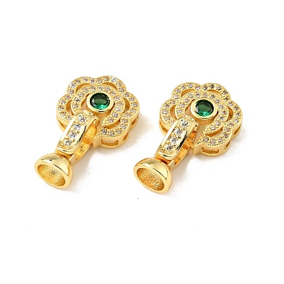Rack Plating Brass Micro Pave Clear & Green Cubic Zirconia Fold Over Clasps, Cadmium Free & Lead Free, Long-Lasting Plated, Flower