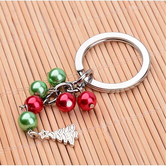 Glass Pearl Bead Keychain, with Alloy Findings for Christmas, 100mm