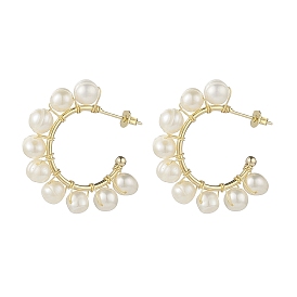 Natural Pearl Beaded Stud Earrings, Brass Wire Wrap Half Hoop Earrings for Women