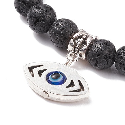 Pulsera elástica con cuentas redondas de roca de lava natural, amuleto de aleación con pulsera de mal de ojo de resina para mujer