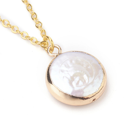 Colliers de perles de keshi de perles baroques naturelles plaquées, avec chaîne en laiton, plat rond, or