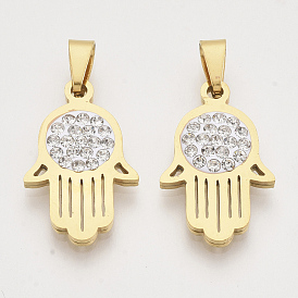 Pendentifs en acier inoxydable, avec bouton pression de taille aléatoire sur les balles et strass en cristal d'argile, hamsa main / main de fatima / main de miriam