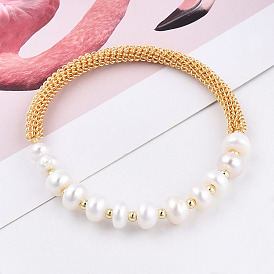 Brazalete de perlas de agua dulce cultivadas naturales, joyas de latón chapado en oro real 14k para mujer
