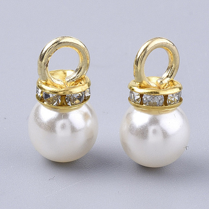 High Luster ABS Plastic Imitation Pearl Pendants, with Golden Plated Iron Findings and Crystal Rhinestone, Round