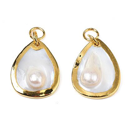 Natural White Shell Pendants, with Light Gold Plated Brass Edge, Teardrop