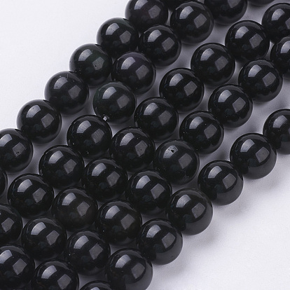 Obsidienne naturelle perles brins, ronde, Grade a, noir et coloré