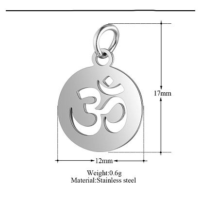 Pendentifs en acier inoxydable thème chakra, avec anneau de saut, plat rond avec ohm / aum