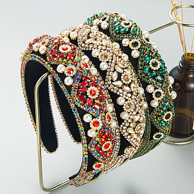 Bandeau éponge vintage avec embellissements de strass et de perles pour femme