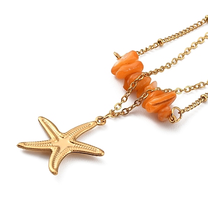Dyed Natural Shell Chips Charms Anklet, Golden 304 Stainless Steel Chains Double Layer Anklet
