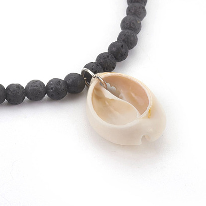 Colliers pendentif coquille cauris, avec des perles rondes en pierre de lave naturelle et 304 fermoirs à pince de homard en acier inoxydable