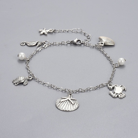 Brass Charm Anklets, with Glass Pearl, Alloy Charms and Stainless Steel Findings, Ocean Theme