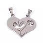 304 Stainless Steel Pendants, Split Heart, with Rhinestones and Word I Love You, For Valentine's Day, 25x30x3mm, Hole: 3.5x7mm