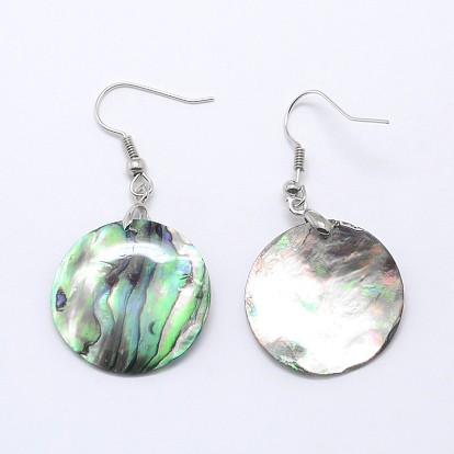 Abalone Shell Flat Round Dangle Earrings, with Platinum Plated Brass Ear Hooks, 47mm, Pin: 0.8mm