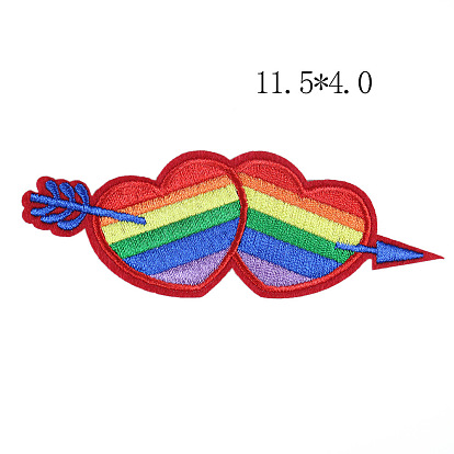 Arco iris y corazón tema bordado computarizado tela hierro en/coser en parches, accesorios de vestuario, apliques