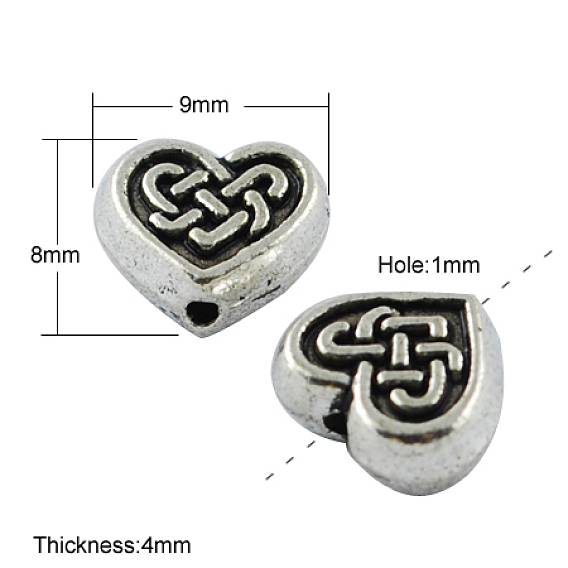 Tibetan Style Alloy Beads, Cadmium Free & Lead Free, Heart, 8x9x4mm, Hole: 1mm