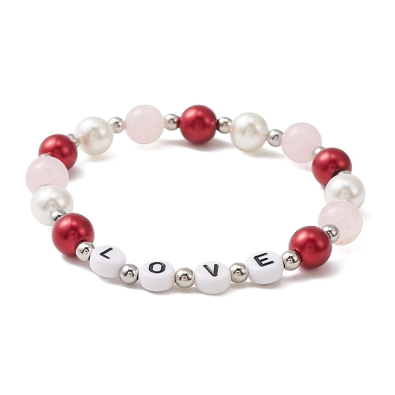 Shell Pearl & Rose Quartz & Acrylic Beaded Stretch Bracelet, Word Love Bracelet for Valentine's Day