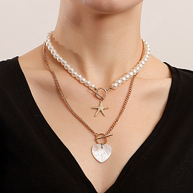 Double-layered Seashell Heart Pearl Necklace for Women - Trendy Y2K Style Jewelry