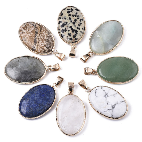 Natural Gemstone Pendants, with Light Gold Plated Brass Edge and Snap on Bail, Oval