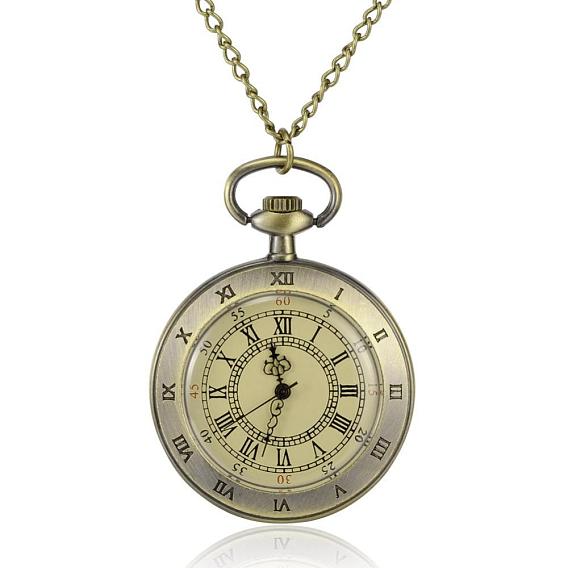 Flat Round Alloy Quartz Pocket Watches, with Iron Chains and Lobster Claw Clasps, 31.4 inch, Watch Head: 65x47x13mm, Watch Face: 35mm