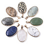Natural Gemstone Pendants, with Light Gold Plated Brass Edge and Snap on Bail, Oval