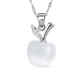 SHEGRACE Fashion 925 Sterling Silver Pendant Necklace, Apple Pendant with Cat Eye and AAA Cubic Zirconia, 17.7 inch