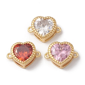 Rack Plating Brass Cubic Zirconia Connector Charms, Cadmium Free & Lead Free, Long-Lasting Plated, Real 18K Gold Plated, Heart