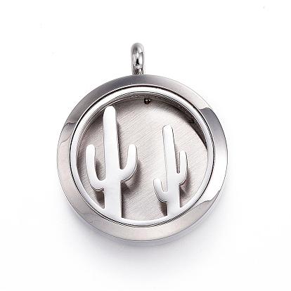 304 Stainless Steel Diffuser Locket Pendants, with Perfume Pad and Magnetic Clasps, Flat Round with Cactus
