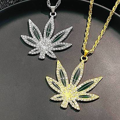 Rhinestone Leaf Pendant Necklace with Alloy Chains
