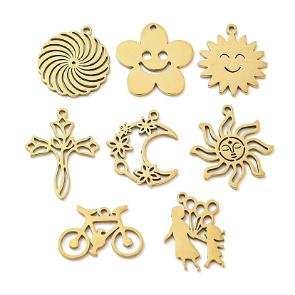 201 Stainless Steel Pendants, Laser Cut, Golden, Cross/Sun/Moon/Flower/Bicycle Charm