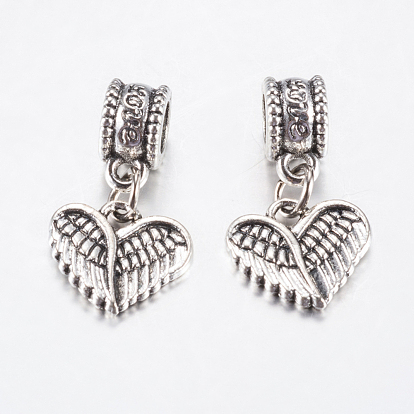 Tibetan Style Alloy European Dangle Charms, Large Hole Pendants, Wing & Heart