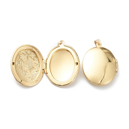 Brass Locket Pendants, Photo Frame Pendants for Necklaces, Long-Lasting Plated, Oval with Flower