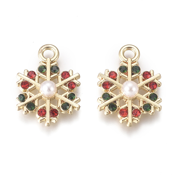 Golden Plated Alloy Charms, with Rhinestone and Acrylic Imitation Pearl, Snowflake, for Christmas