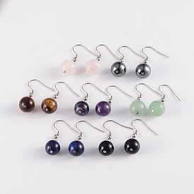 Round 304 Stainless Steel Natural Gemstone Dangle Earrings, 35mm, Pin: 0.8mm