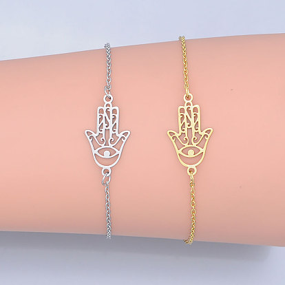 201 Stainless Steel Link Bracelets, with Lobster Claw Clasps, Hamsa Hand