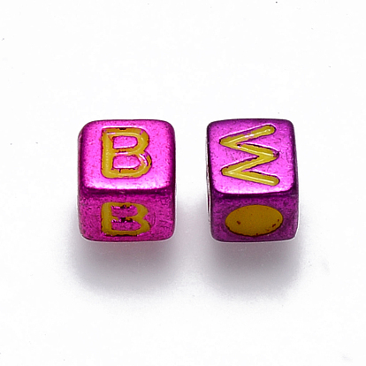 Plating Acrylic Beads, Cube with Initial Letter, Mixed Color