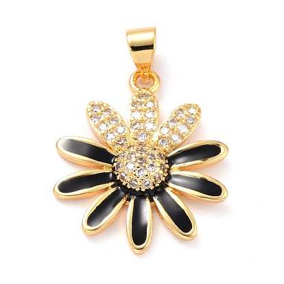 Real 18K Gold Plated Brass Micro Pave Cubic Zirconia Pendants, with Enamel, Long-Lasting Plated, Flower