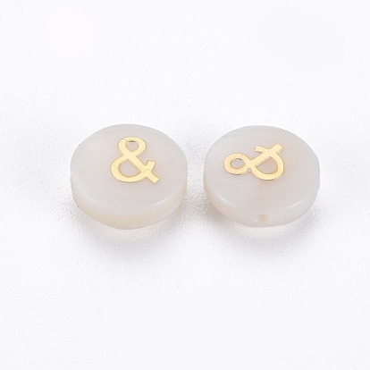 Perles de coquillages naturels d'eau douce, avec des ornements en métal en laiton doré, plat rond avec marque &
