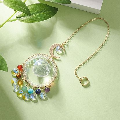 Décorations de pendentif en perles de pierres précieuses naturelles, attrape-soleil suspendus, avec pendentifs en verre goutte/octogone et lien en laiton lune