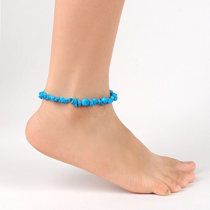 Gemstone Chips Beaded Anklets, with Zinc Alloy Lobster Claw Clasps and Iron End Chains, 230mm