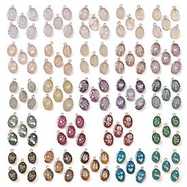 Gemstone Oval Pendants, Brass Oval Charms with Paw Print/Flower/Hand/Butterfly/Star/Leaf/Planet