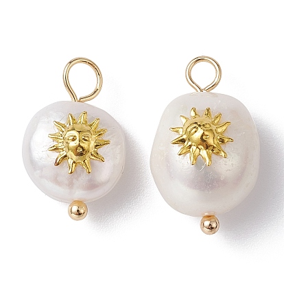Natural Pearl Pendants, Potato Charms with Golden Plated Brass Slice