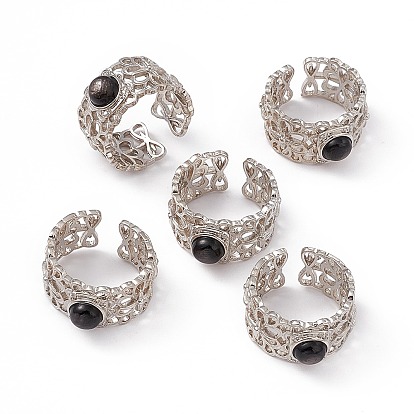 Hollow Natural Obsidian Cuff Rings, Platinum Tone Brass Open Rings for Women