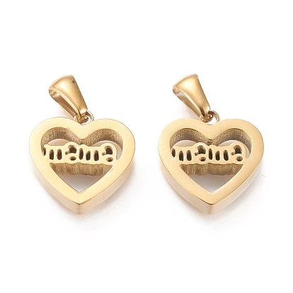 Mother's Day Ion Plating(IP) 304 Stainless Steel Pendants, Cut-Out, Hollow, Manual Polishing, Heart with Word Mama