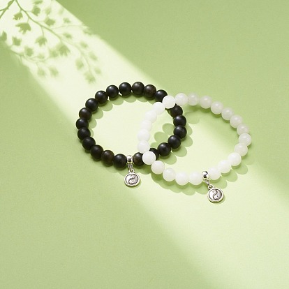 2 pcs 2 bracelets extensibles en obsidienne et jade blanc aux reflets dorés naturels sertis de breloques en alliage yin yang, bijoux en pierres précieuses pour femmes