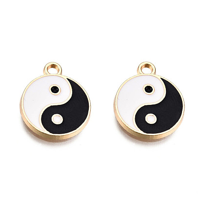 Alloy Pendants, with Enamel, Cadmium Free & Lead Free, Light Gold, Flat Round with Yin and Yang