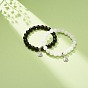2Pcs 2 Style Natural Golden Sheen Obsidia & White Jade Stretch Bracelets Set with Alloy Yin Yang Charms, Gemstone Jewelry for Women