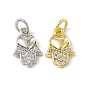 Brass Micro Pave Cubic Zirconia Charm, with Jump Rings, Hamsa Hand with Heart Charm